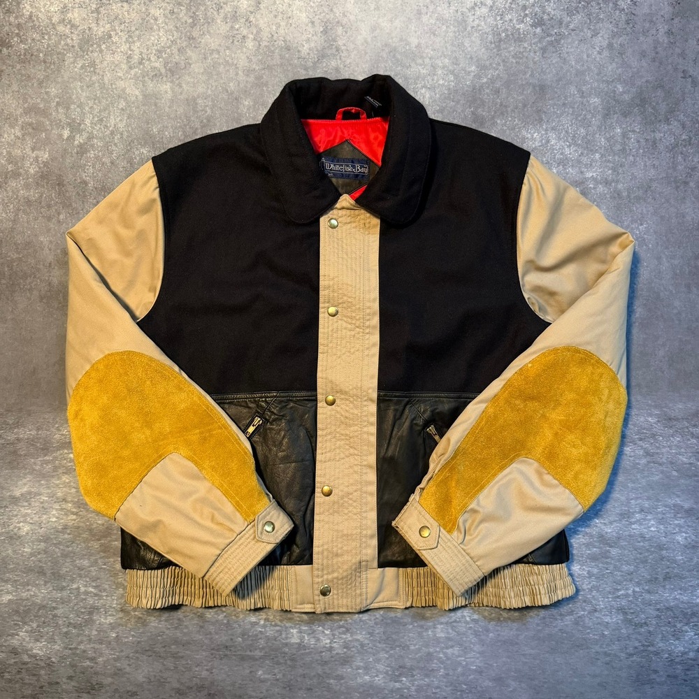 VTG Whitefish Bay Mens Large Colorblock Bomber Jacket Wool Leather Suede Trim